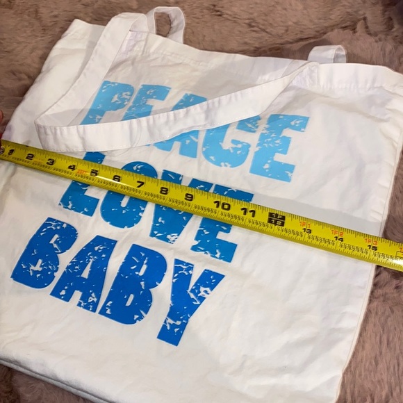Amy Coe Peace Love Baby blue & white 15” x 14” shoulder handles carry tote bag - Picture 6 of 7